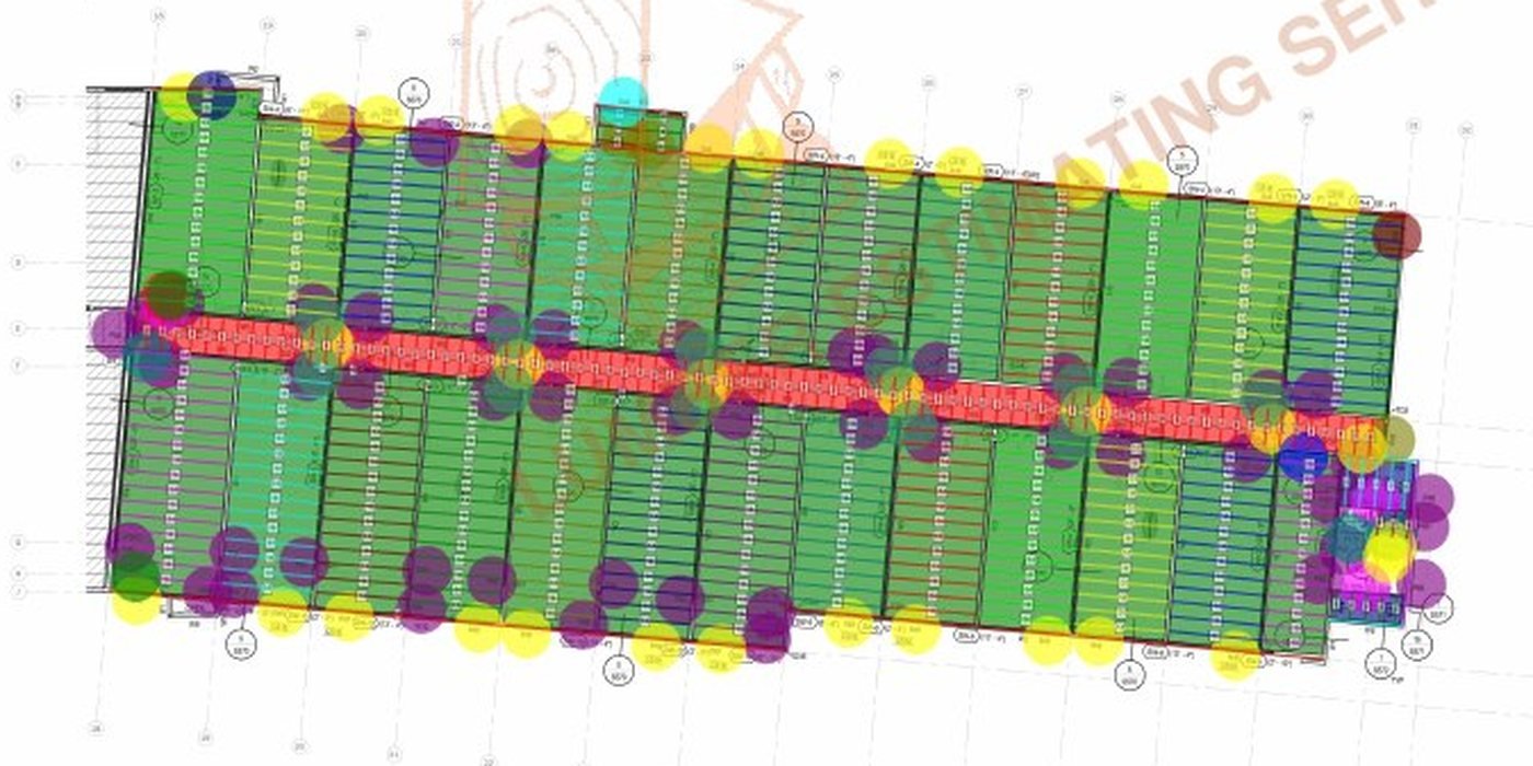 18-inch deep floor truss span group takeoff across hotel guestroom bays with corridor framing marked in red