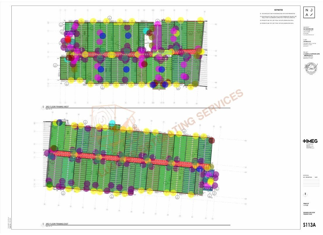 Third floor framing takeoff markup in PlanSwift and Bluebeam showing floor truss bays and structural connector counts, La Quinta hotel Brentwood California