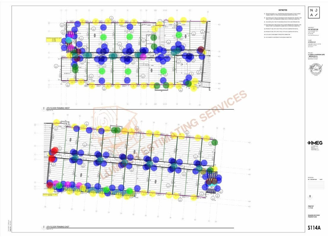 Fourth floor framing takeoff markup showing Simpson Strong-Tie connector counts, holdowns and hangers on hotel framing plan