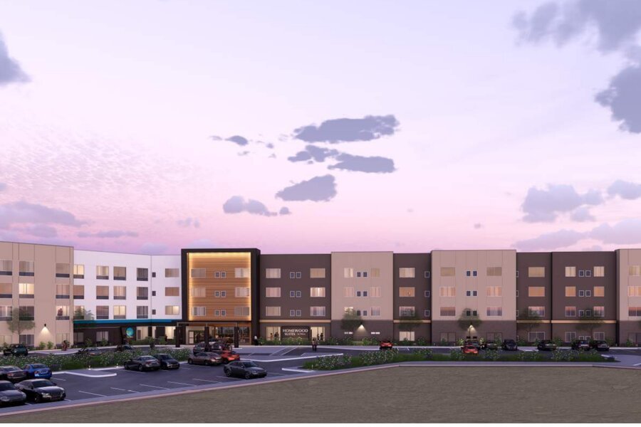 Homewood Suites and Tru by Hilton dual-brand extended-stay hotel Sacramento California four-story wood framed building rendering