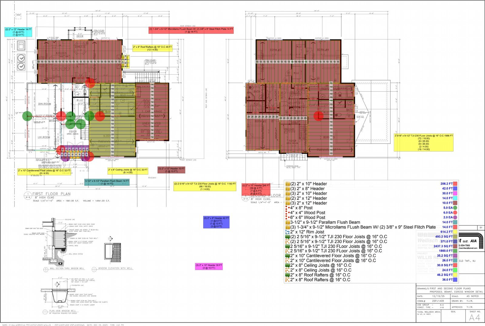 Residential floor framing takeoff markup for the Willis residence in New Jersey showing floor joists, flush beams, hangers and connection details sized and counted by level