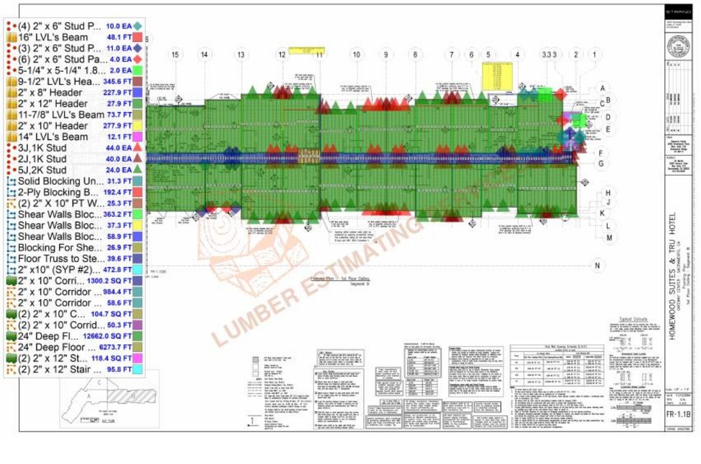 Floor framing takeoff with color coded joist and truss areas and an on-sheet quantity legend listing measured counts for a lumber takeoff