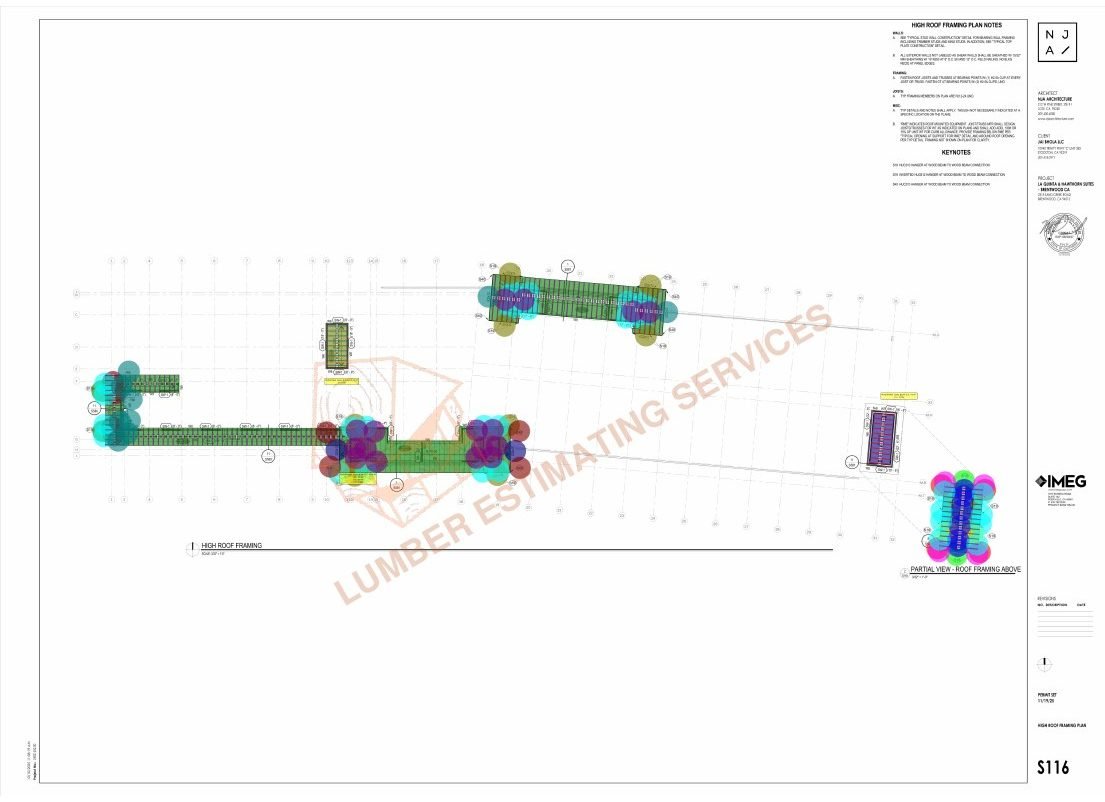 High roof framing takeoff markup with truss hanger and wood beam connection counts at hotel lobby and elevator core