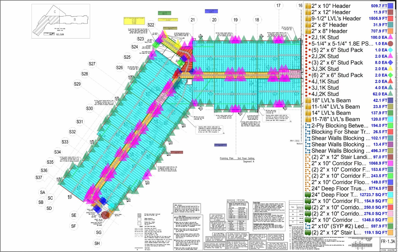 Color-coded hotel floor truss takeoff markup for Homewood Suites and Tru by Hilton showing quantified floor trusses, corridor joists, LVL beams and stud packs with itemized legend