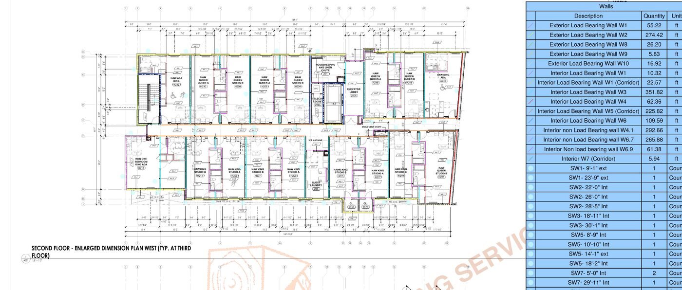 Wood framing takeoff markup showing a framing plan beside the engineered stud wall schedule with color coded wall types traced for counting