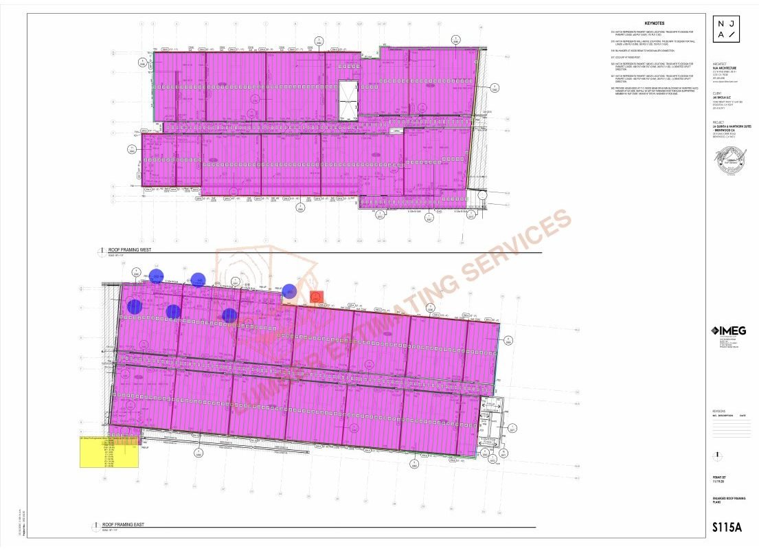 Roof framing and sheathing area takeoff markup for four-story hotel in Brentwood California showing measured roof zones