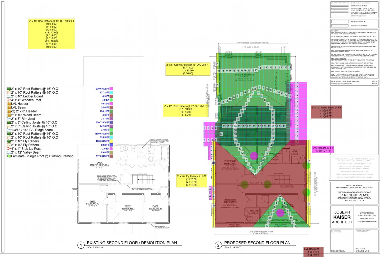 Roof framing takeoff markup for the Zarabi residence remodel showing existing versus proposed roof framing with rafters, ridge and hip members quantified separately from demolition scope