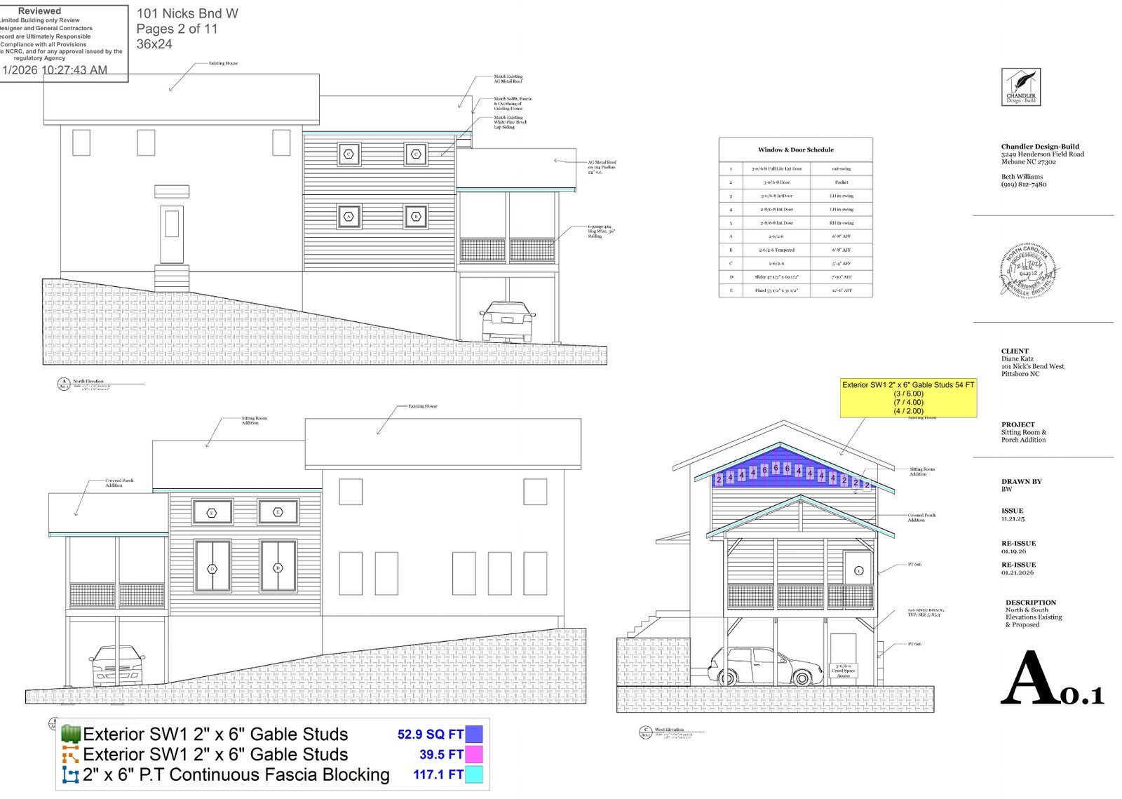 House framing takeoff Bluebeam markup of elevations showing exterior SW1 gable studs and pressure treated continuous fascia blocking quantities