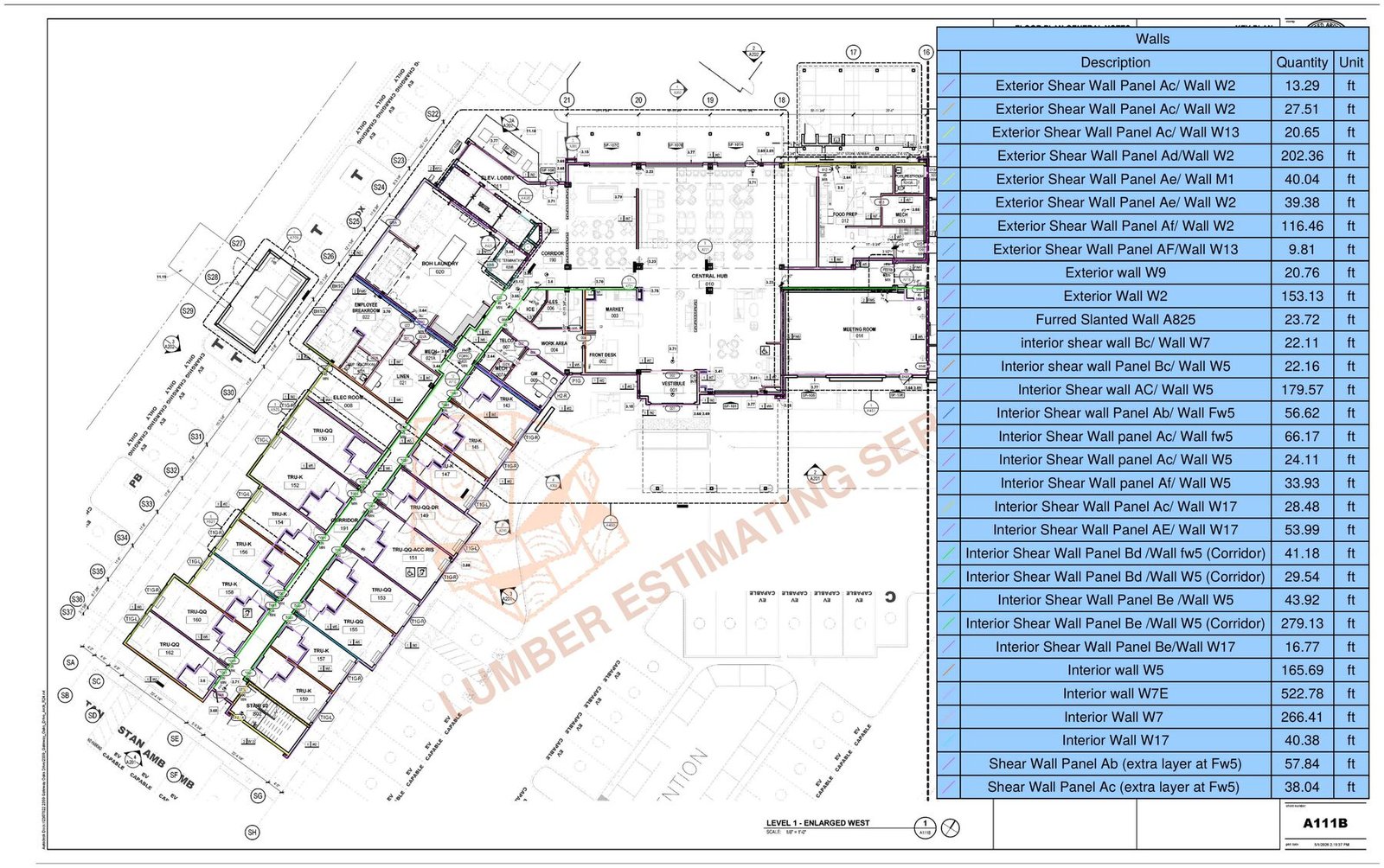 Level 1 wall framing takeoff markup for Sacramento hotel showing shear wall panels traced in color with on-sheet walls quantity table in Bluebeam