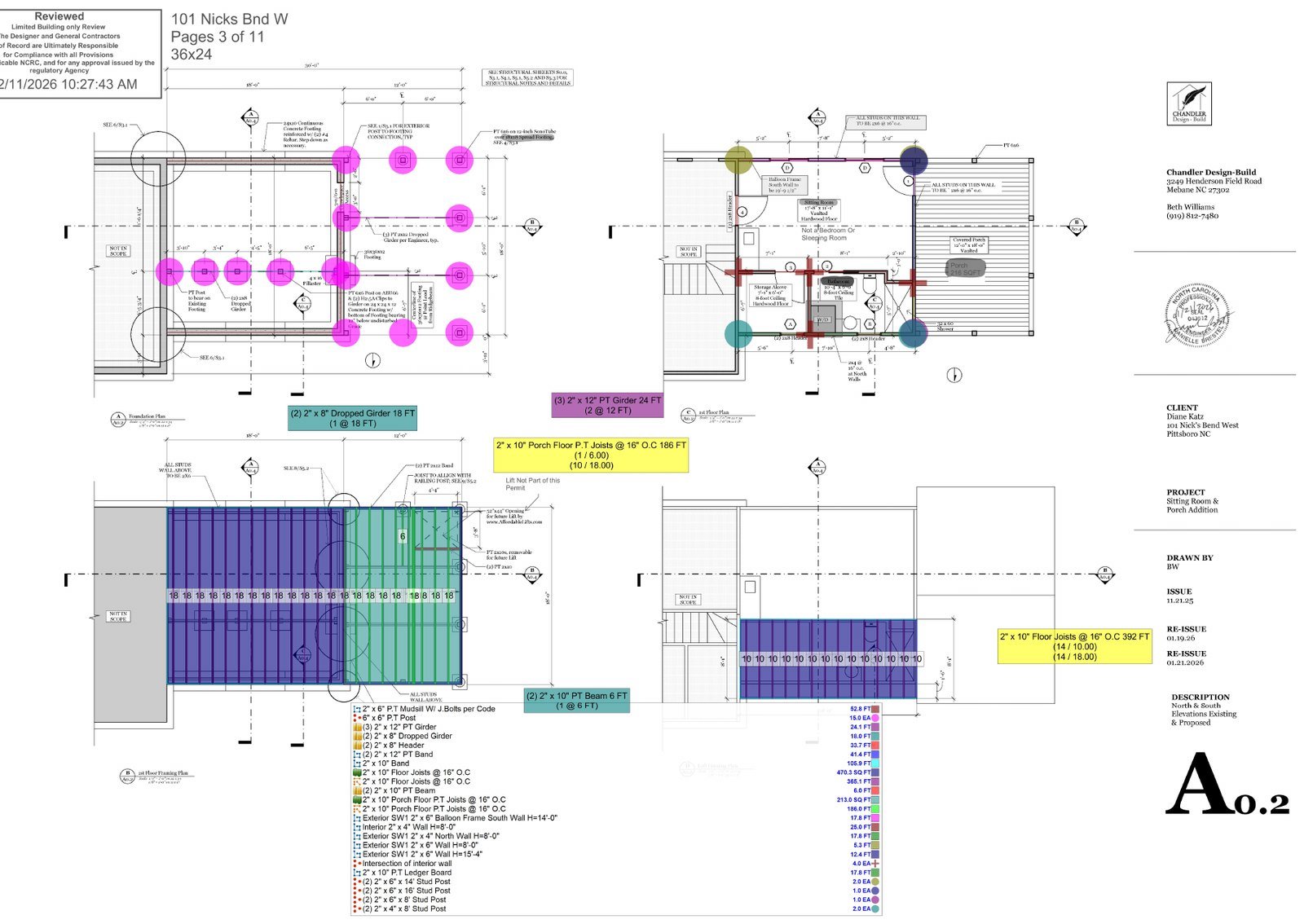 Lumber takeoff markup of foundation plan and first floor framing plan in Bluebeam with color coded joists girders posts and quantity legend